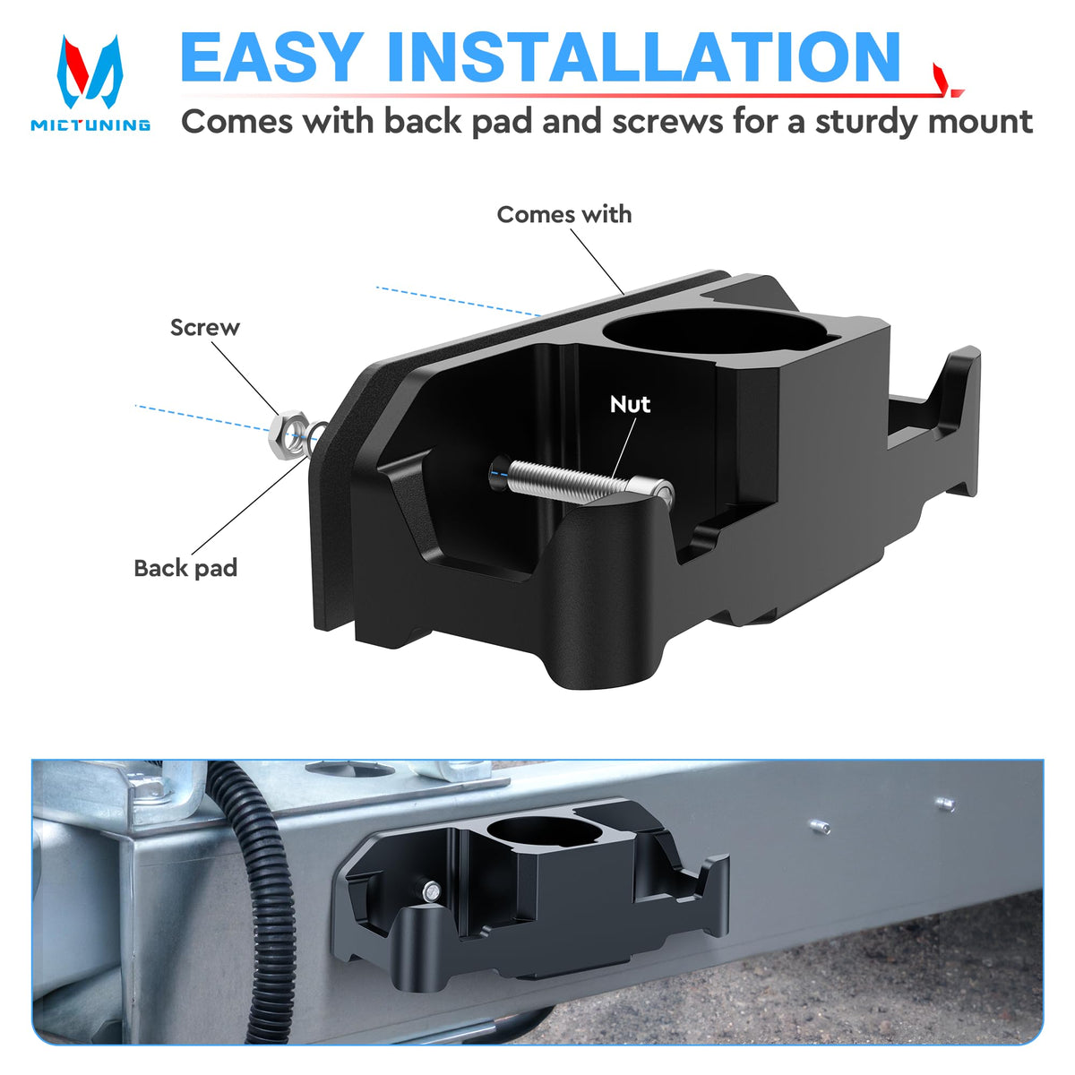 MICTUNING organizer on bumper with scale comparison to show compact, space-saving footprint