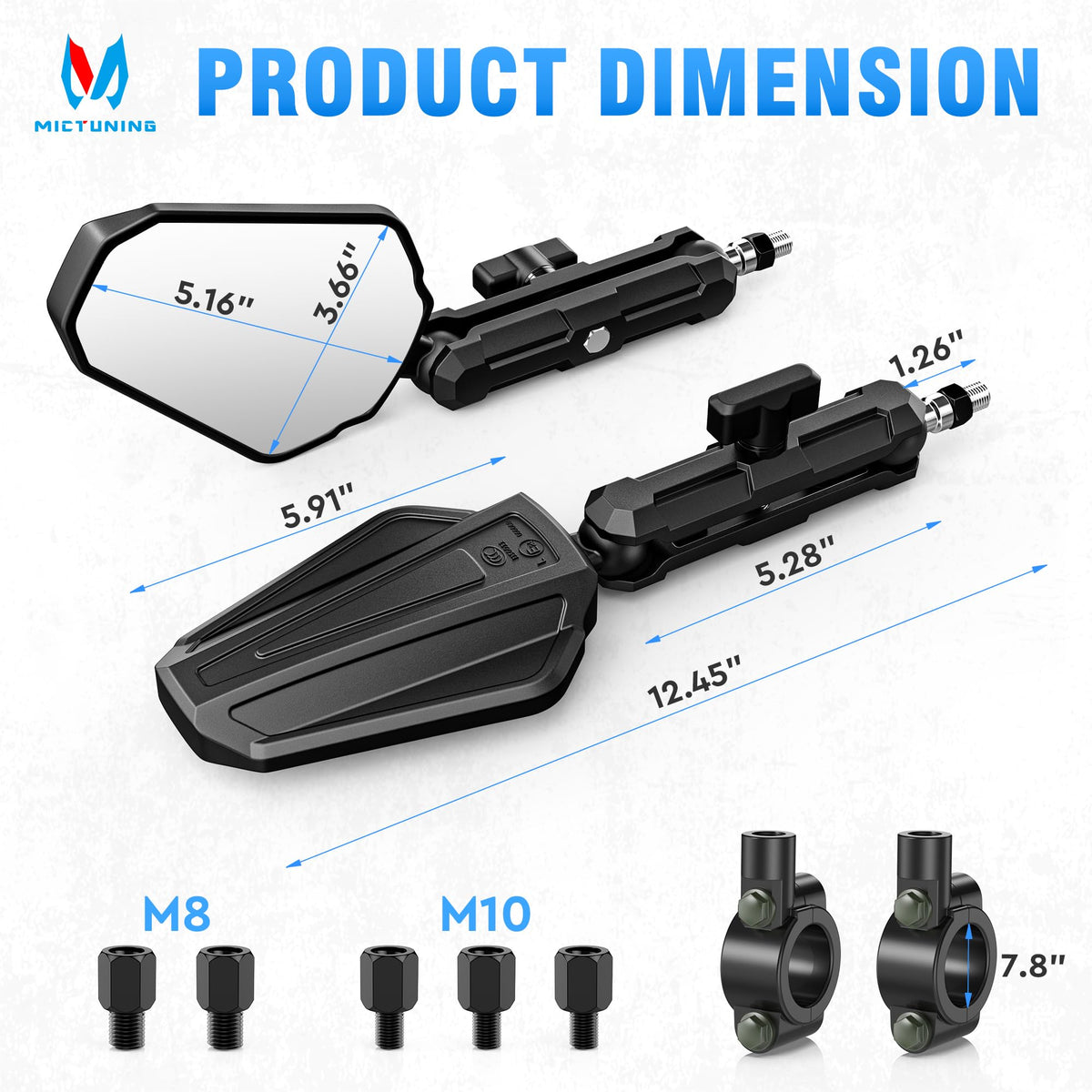 MICTUNING mirror shown next to hand for size comparison and easy handling benefit