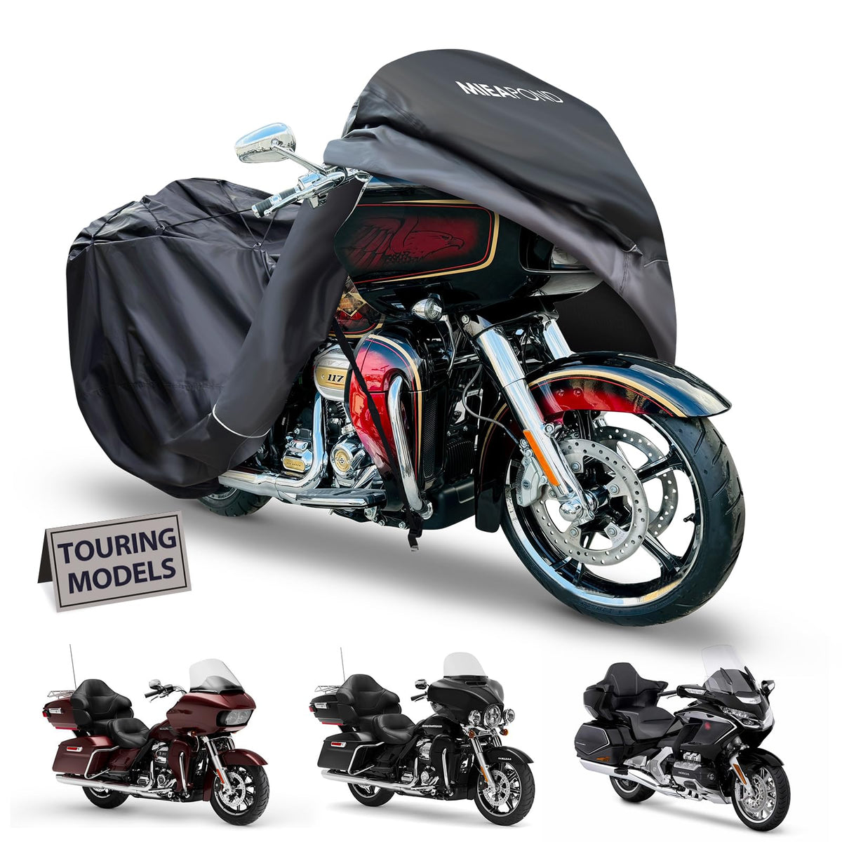 mieapond front view cover on Road Glide showing full waterproof protection