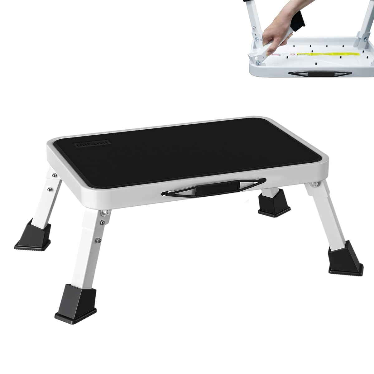 Mifami front view folded stool showing compact carry benefit