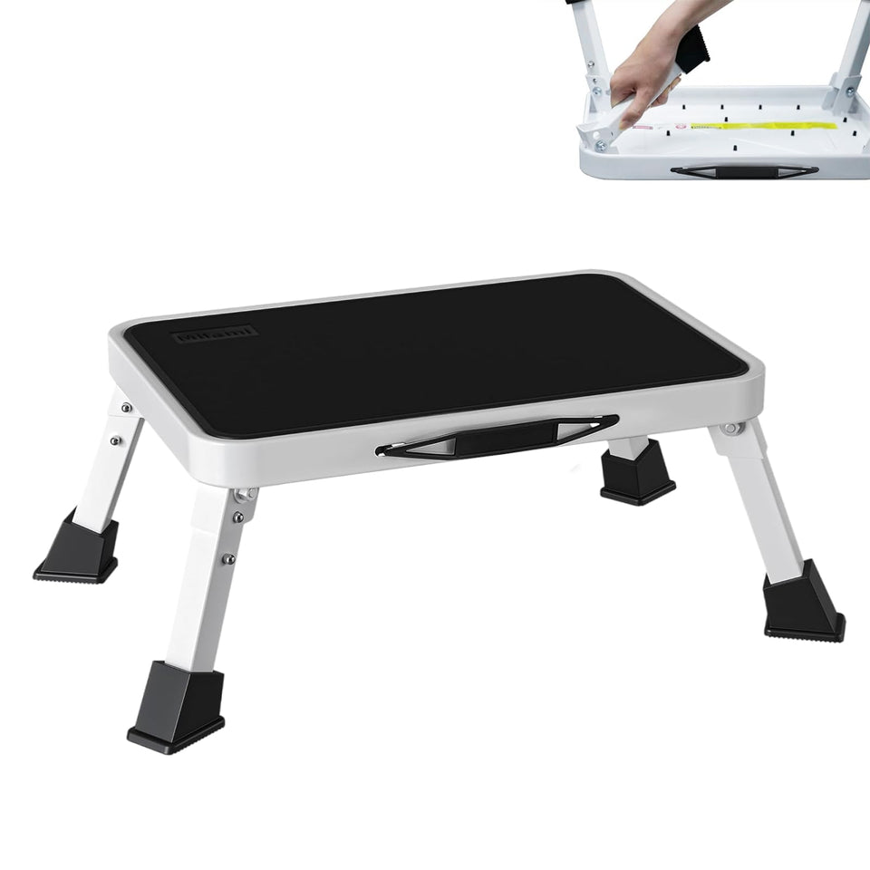 Mifami front view folded stool showing compact carry benefit