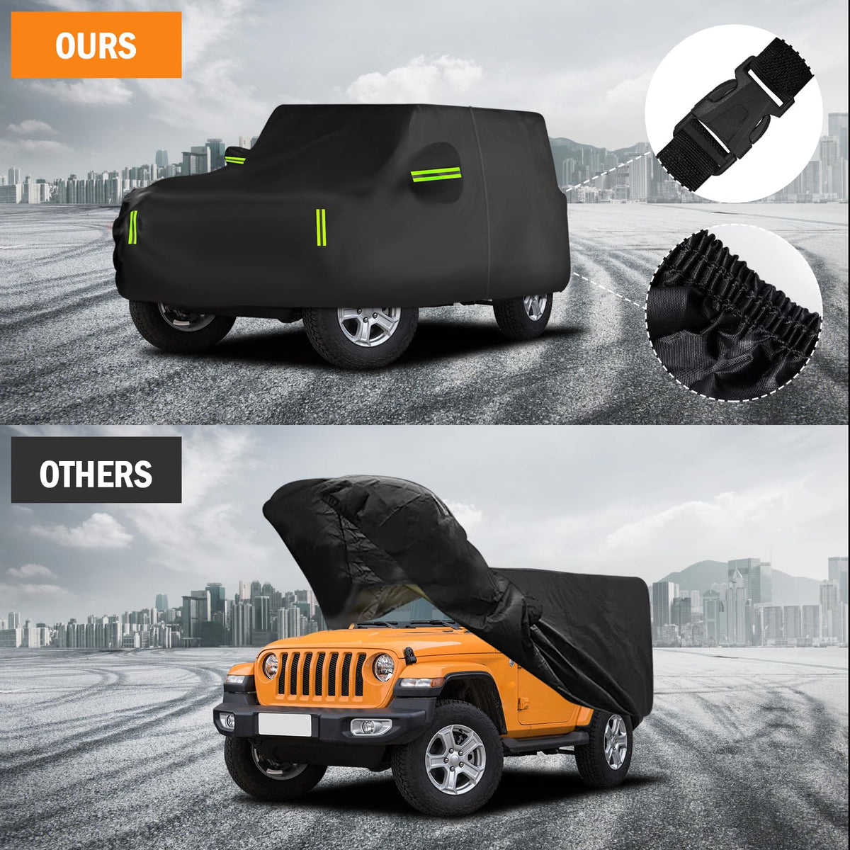 Migaven cover protecting Jeep outdoors from rain and snow