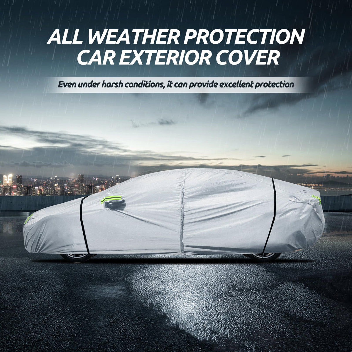 Migaven lifestyle shot of covered Model 3 in driveway providing weather protection