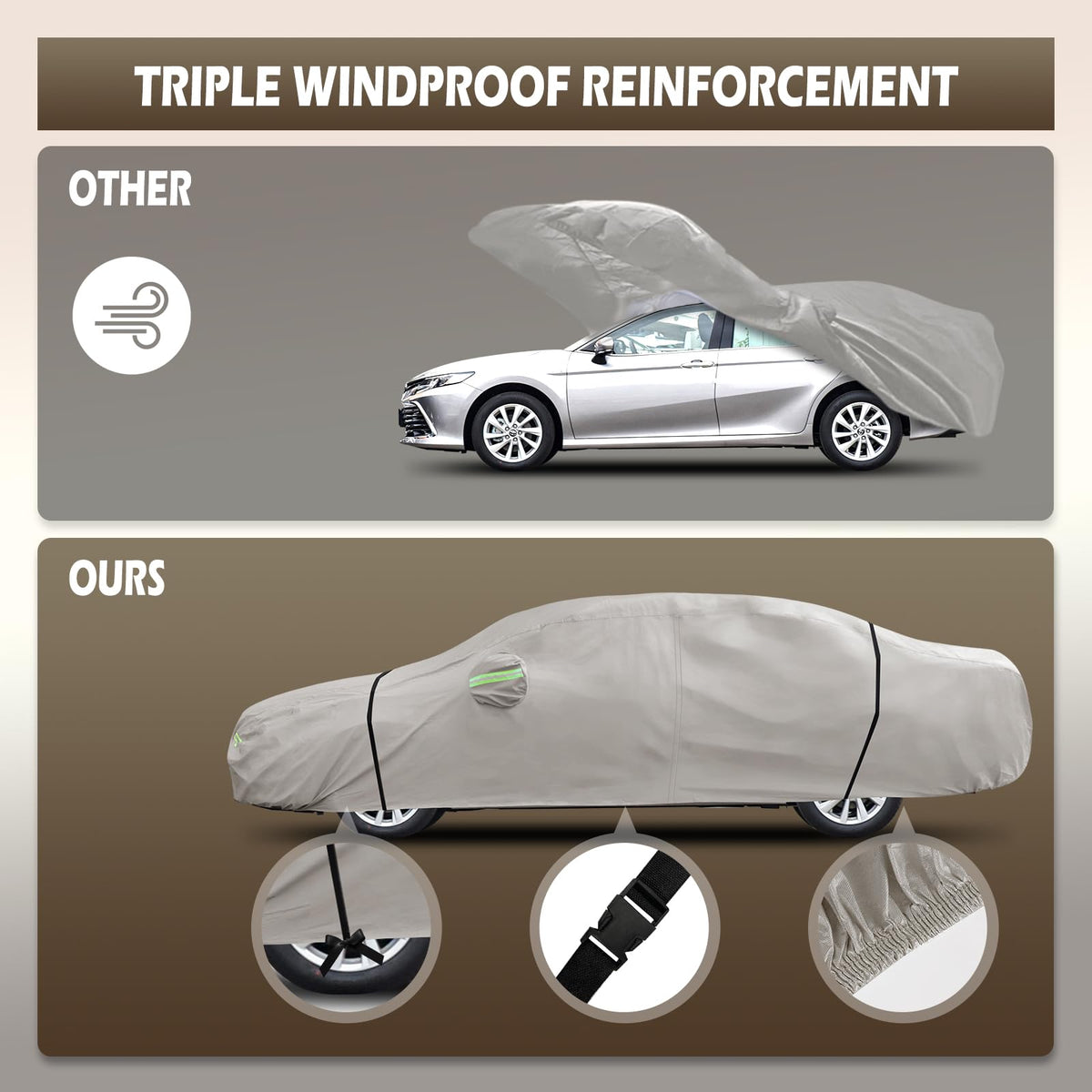 Migaven windproof strap and bungee anchored to tire resisting gusts