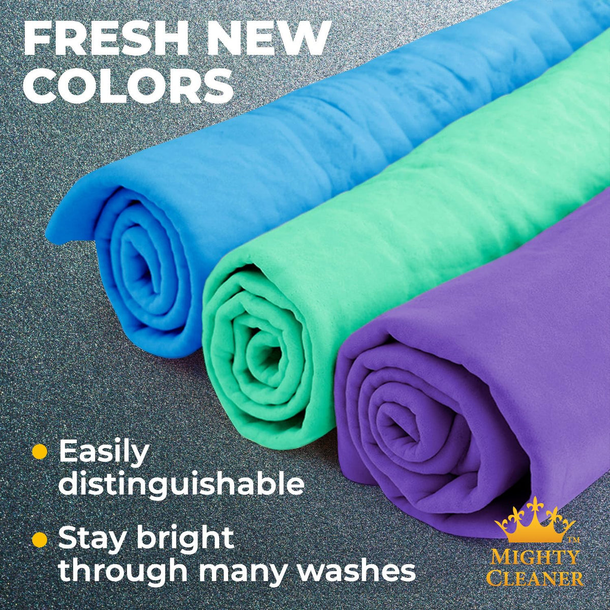 Mighty Cleaner towel wiping bathroom glass leaving clear, lint-free shine
