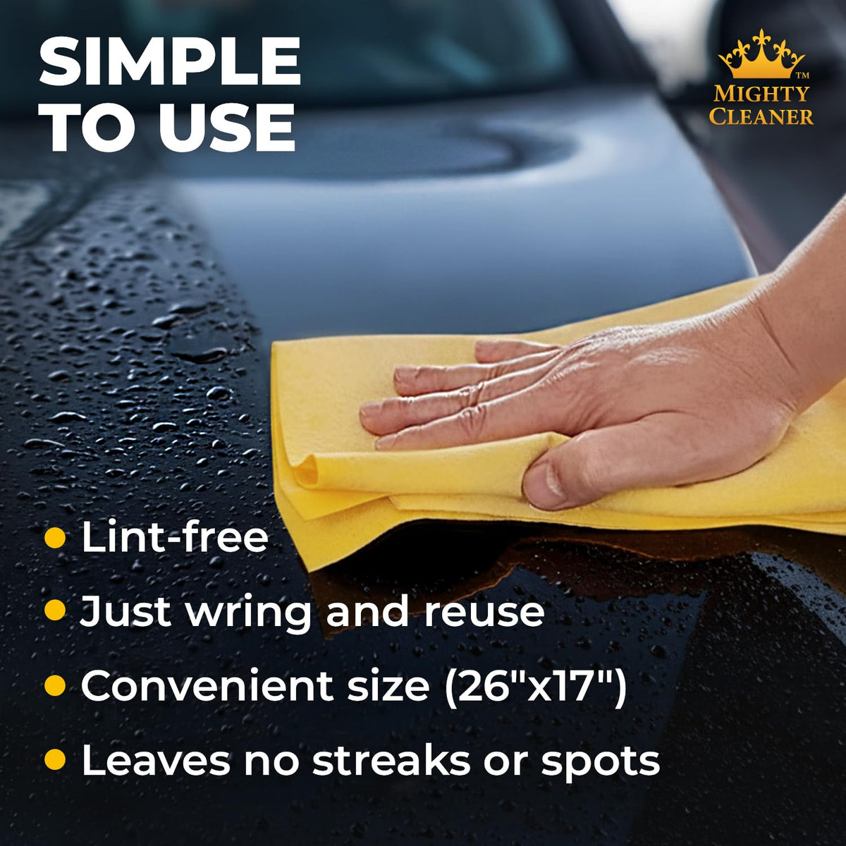 Mighty Cleaner drying a car hood quickly absorbing water without streaks