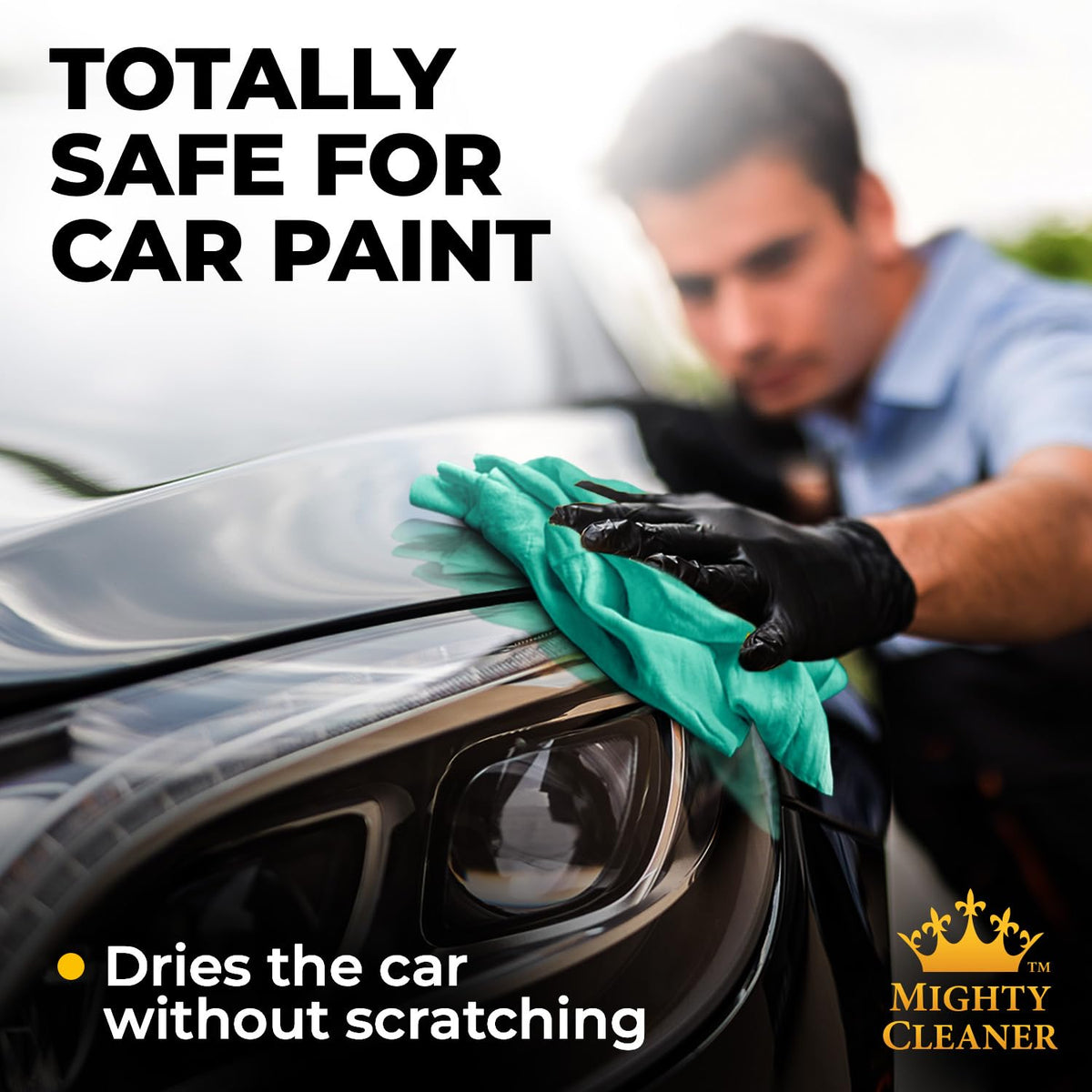 Mighty Cleaner shammy drying a car hood quickly without streaks or scratches