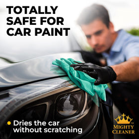 Mighty Cleaner shammy drying a car hood quickly without streaks or scratches