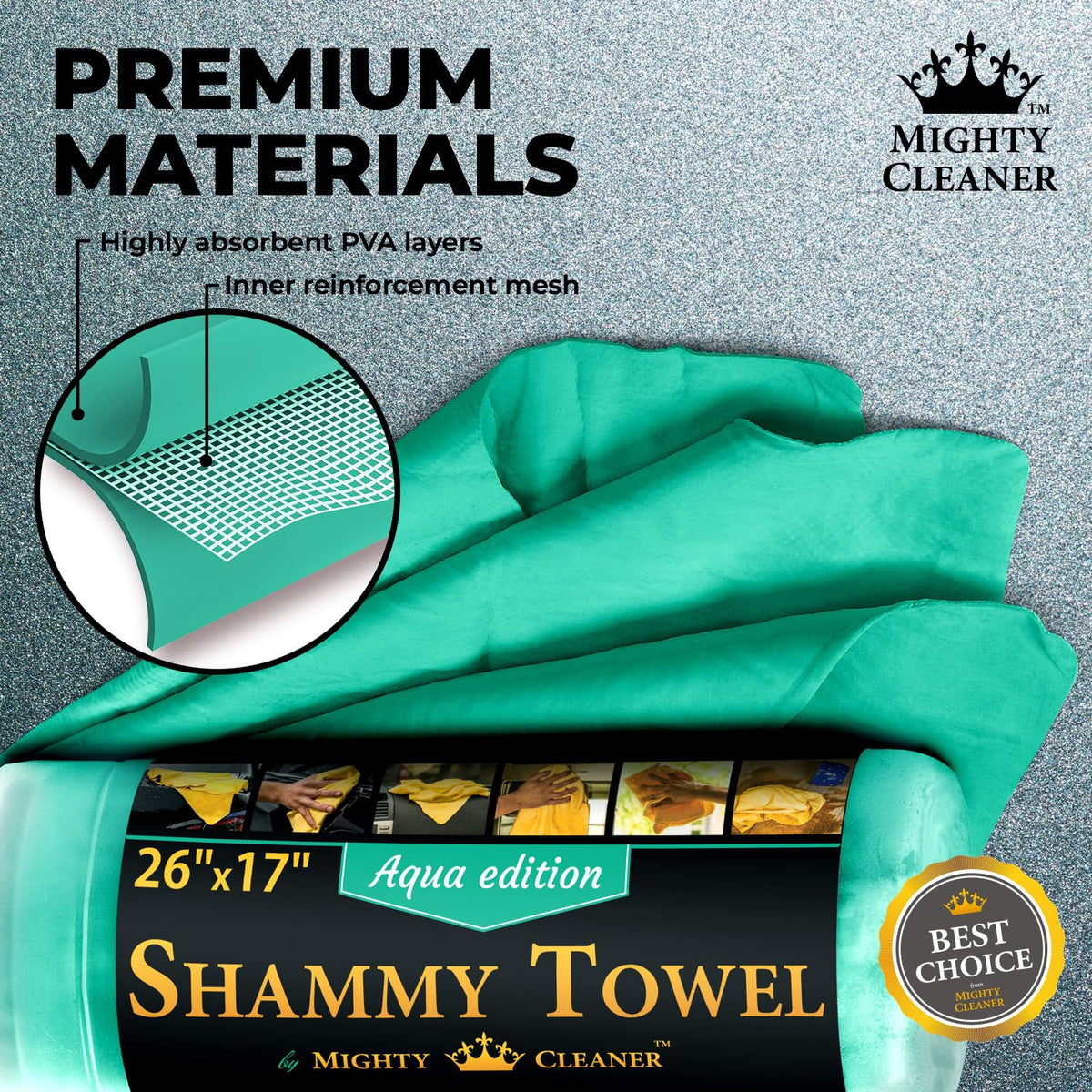 Mighty Cleaner towel on car hood showing full 26x17 size for efficient coverage