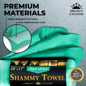 Mighty Cleaner towel on car hood showing full 26x17 size for efficient coverage