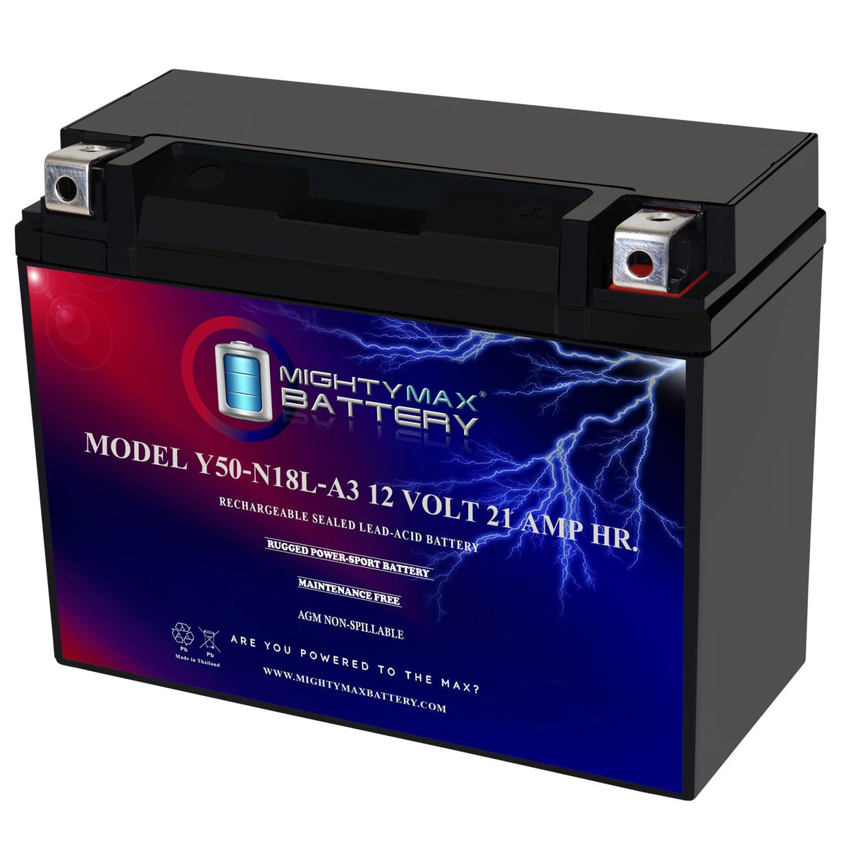 Mighty Max Battery front view showing compact case and ready-to-install benefit