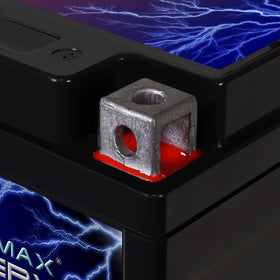 Mighty Max Battery on a parked motorcycle showing dependability for powersports riders