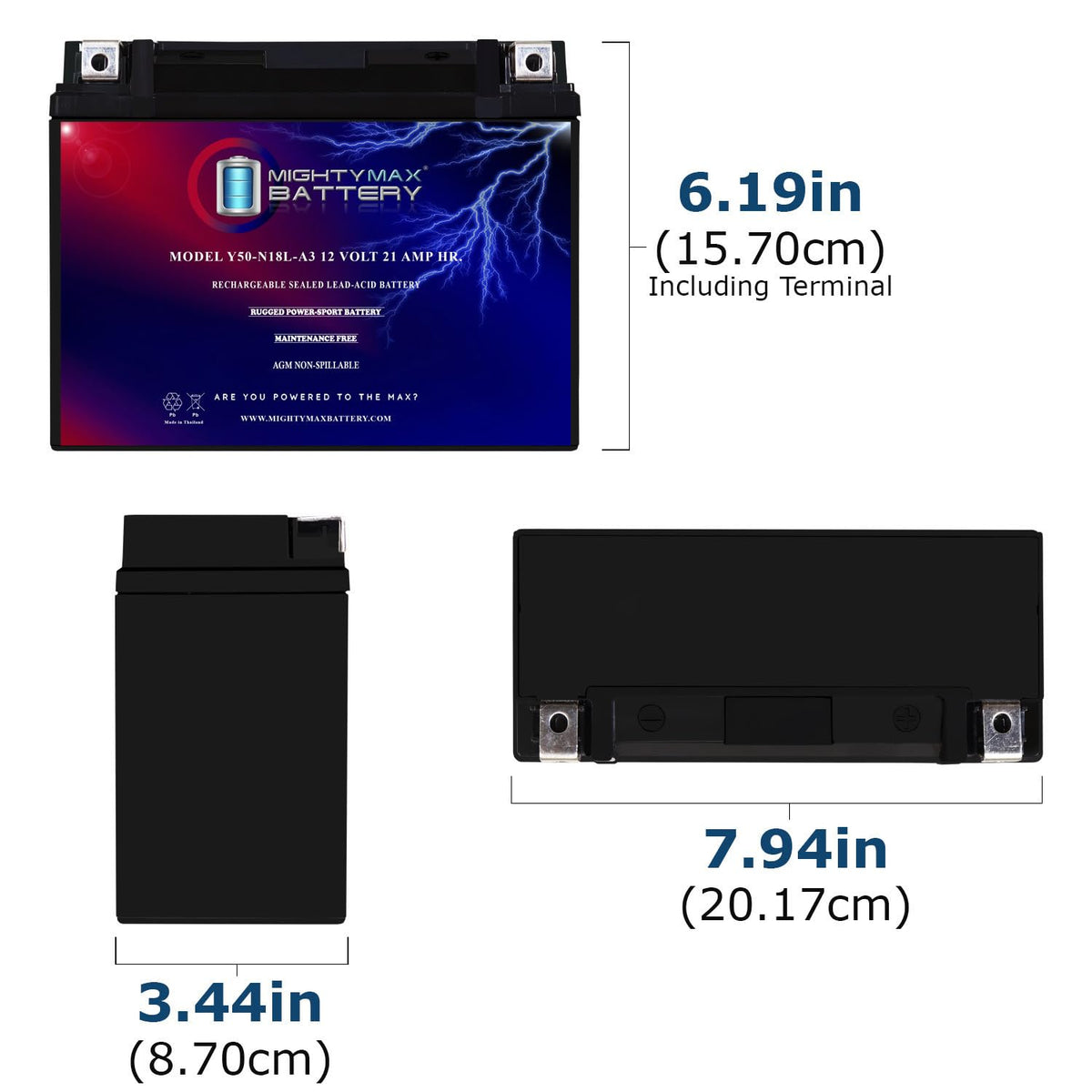 Mighty Max Battery top terminals close-up showing polarity and secure connection benefit