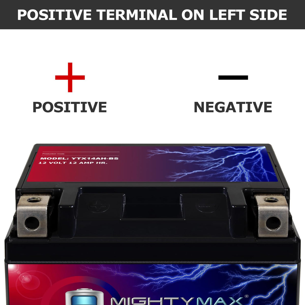 Mighty Max Battery close-up of terminals showing left positive right negative clarity