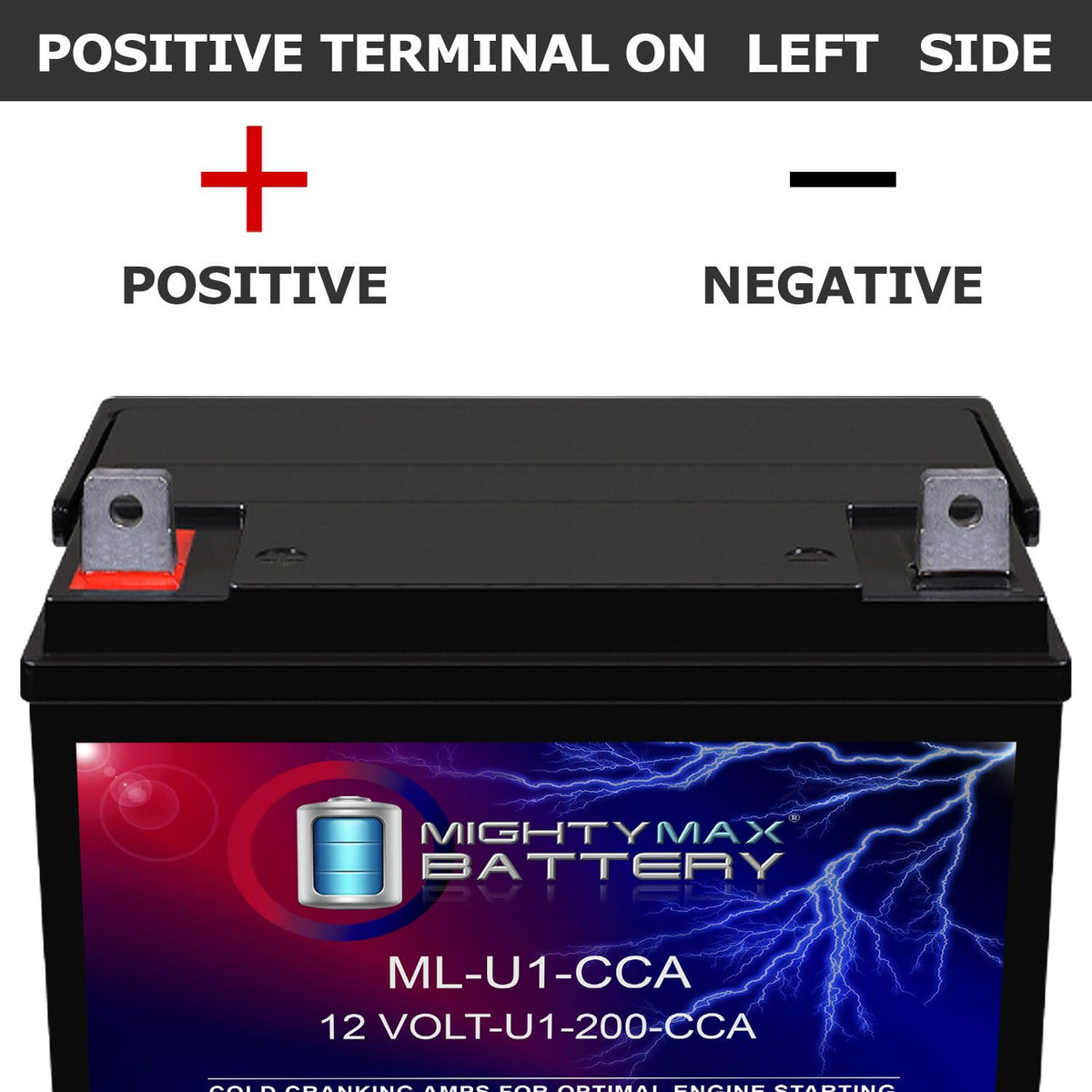 Mighty Max ML-U1 label close-up showing specifications and 200 CCA rating