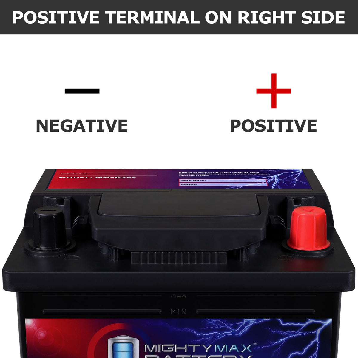 Mighty Max MM-G26R side label featuring specs and quick selection benefit