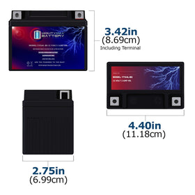 Mighty Max Battery YTX4L-BS side with dimensions displayed for fit verification in small vehicles
