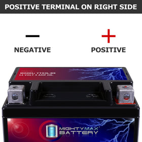 Mighty Max Battery YTX4L-BS terminal close-up showing negative left positive right for correct hookup
