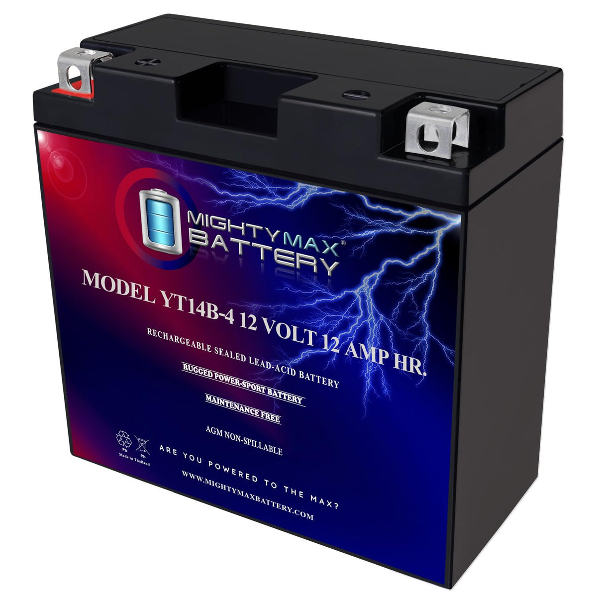 Mighty Max frontal view showing compact battery and label for easy identification
