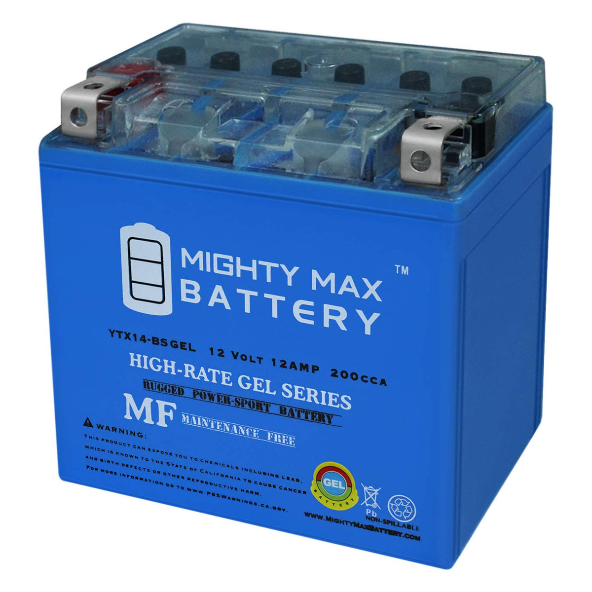 Mighty Max YTX14-BS GEL front view showing compact design and reliable fit