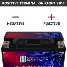 Mighty Max Battery side label showing model, voltage and CCA for quick verification