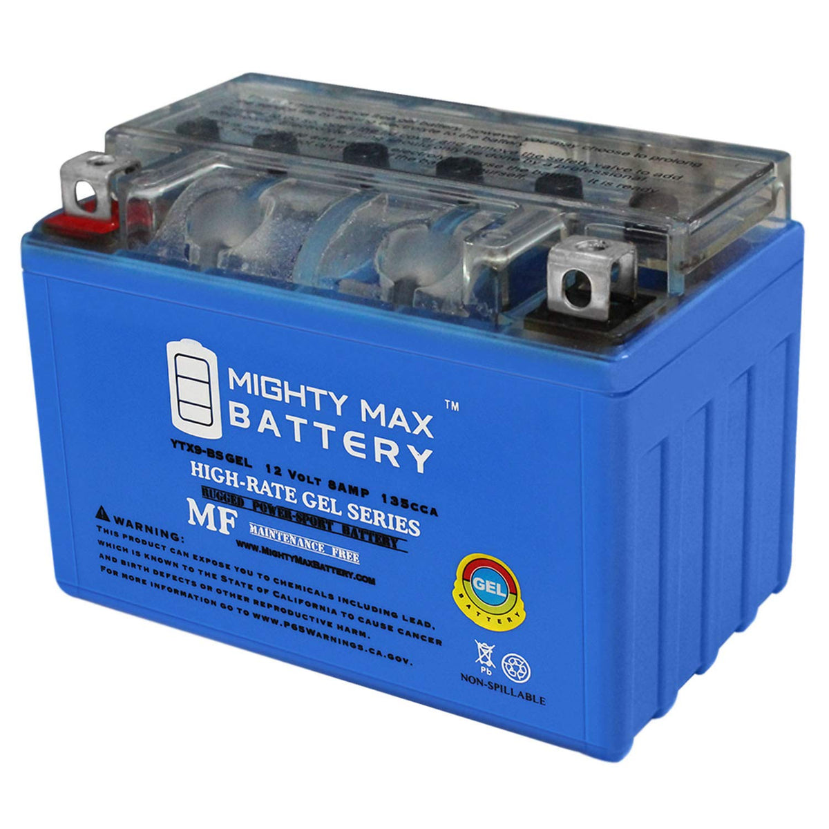 Mighty Max YTX9-BS GEL front view showing compact sealed battery and benefit of reliability