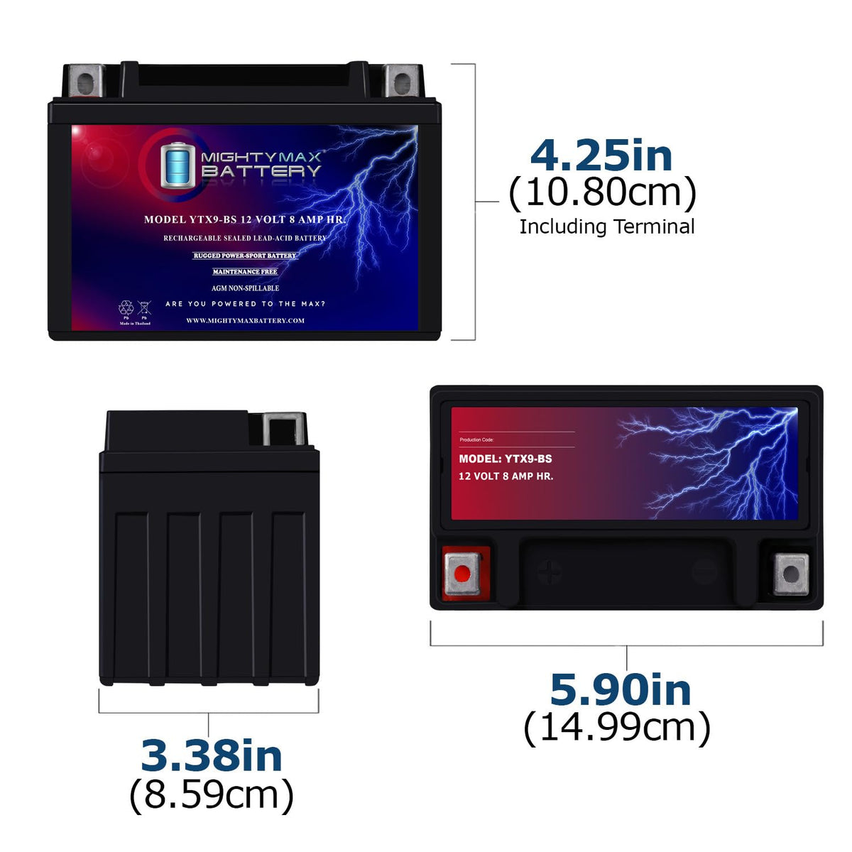 Mighty Max Battery top terminals close-up with clear positive and negative markings for easy hookup