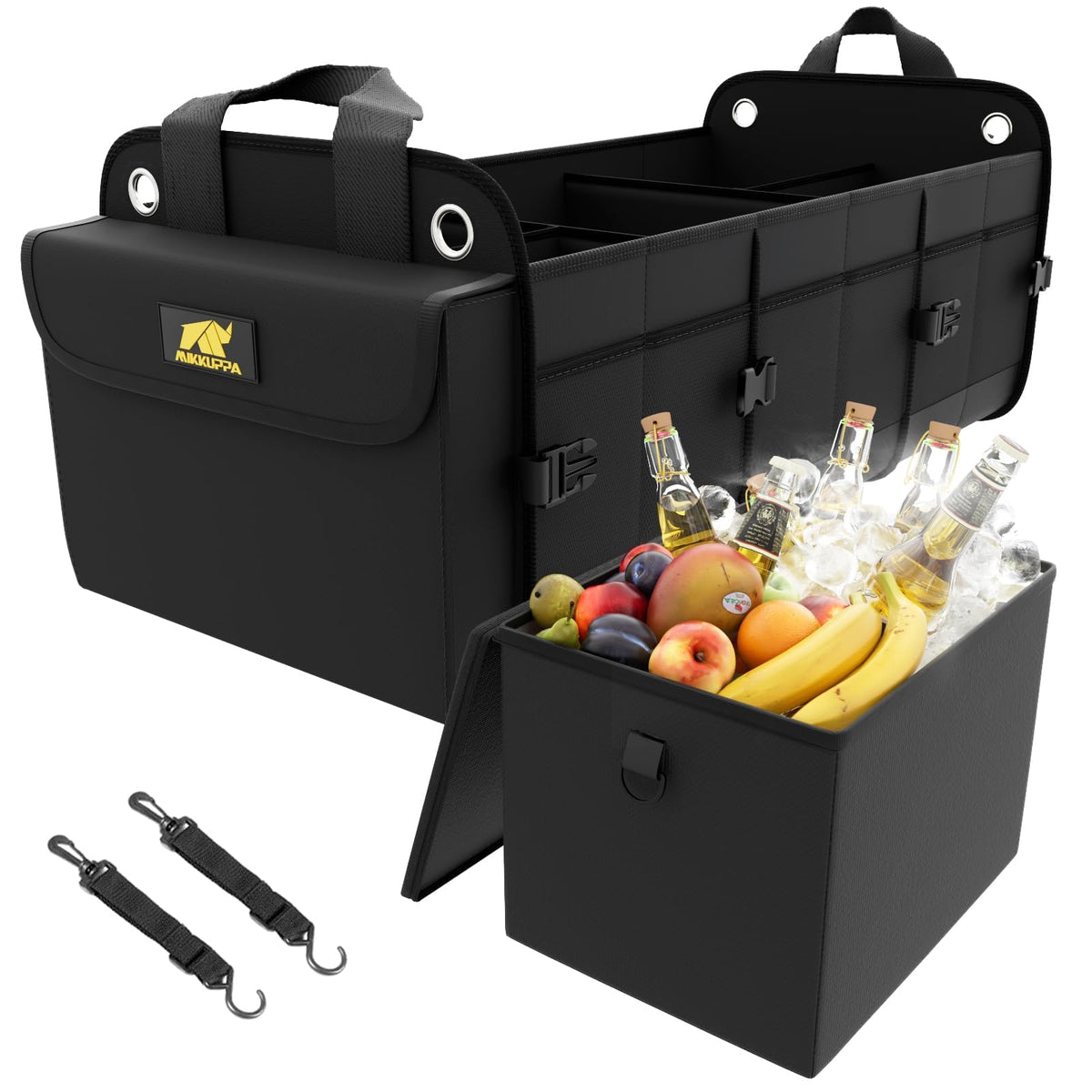 MIKKUPPA front view of trunk organizer showing sturdy shape and capacity benefit