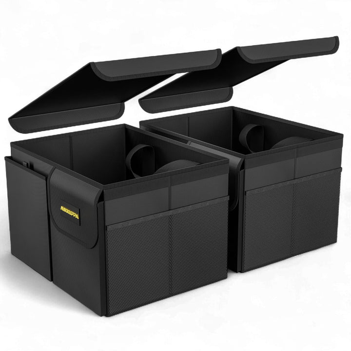 MIKKUPPA front view of both trunk organizers showing compact storage and durability