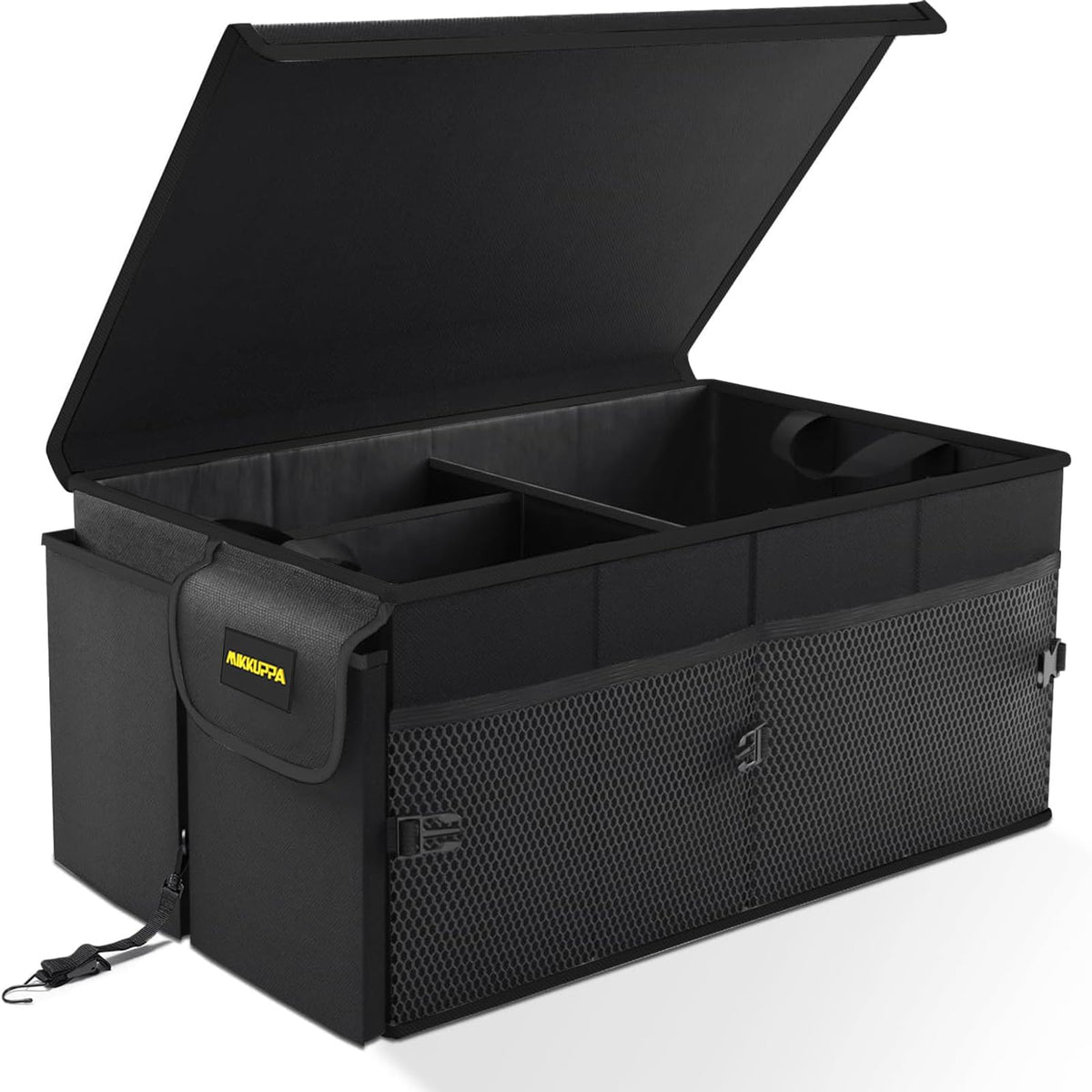 MIKKUPPA front view showing full 65L capacity and zippered lid for organized storage