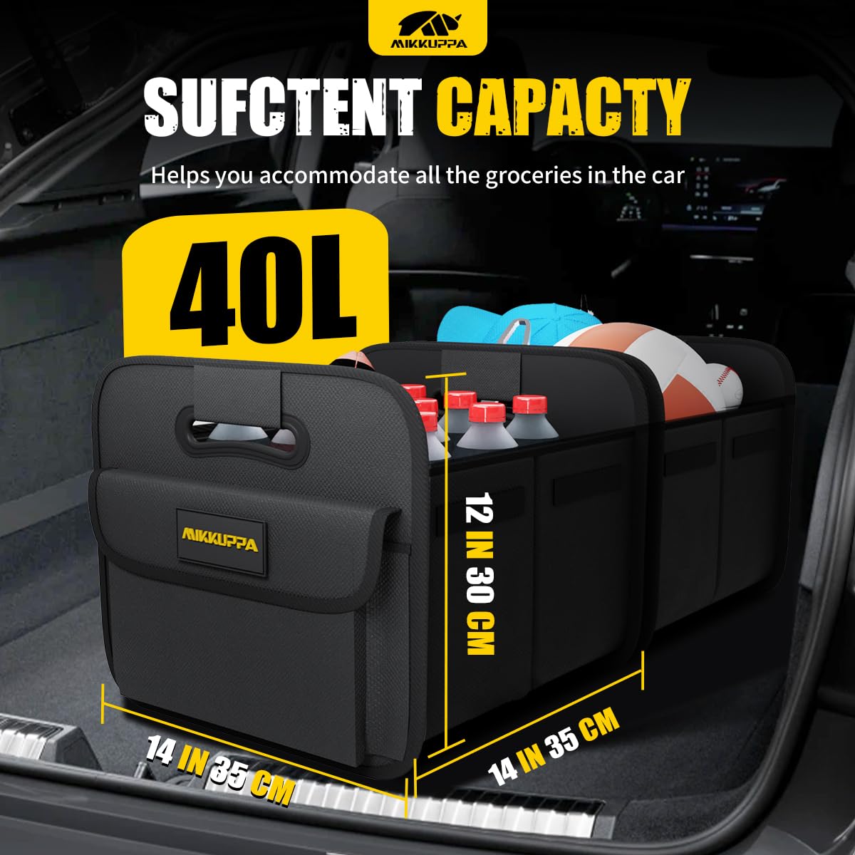 MIKKUPPA organizers open in car trunk keeping groceries stable and organized