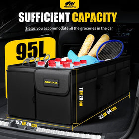 MIKKUPPA trunk organizer open with lid and groceries for secure transport