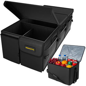 MIKKUPPA trunk organizer front view showing storage capacity and durable fabric