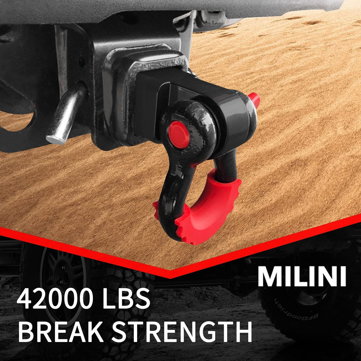 MILINI product label and specs plate showing break strength and safety details
