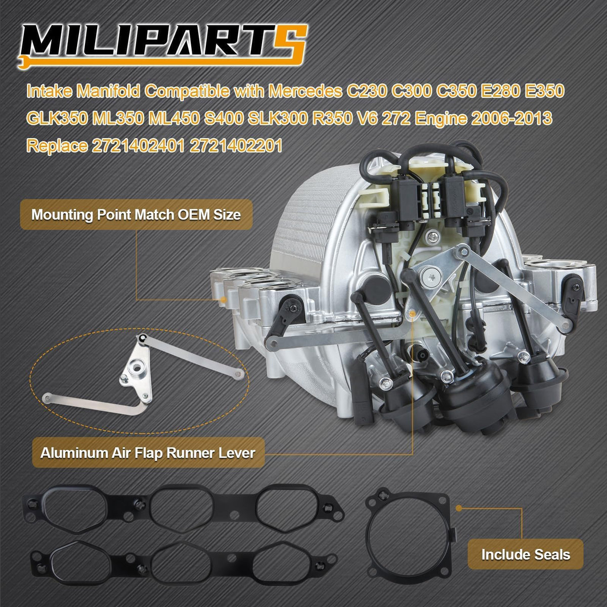 MILIPARTS manifold installed in Mercedes engine bay demonstrating direct fit