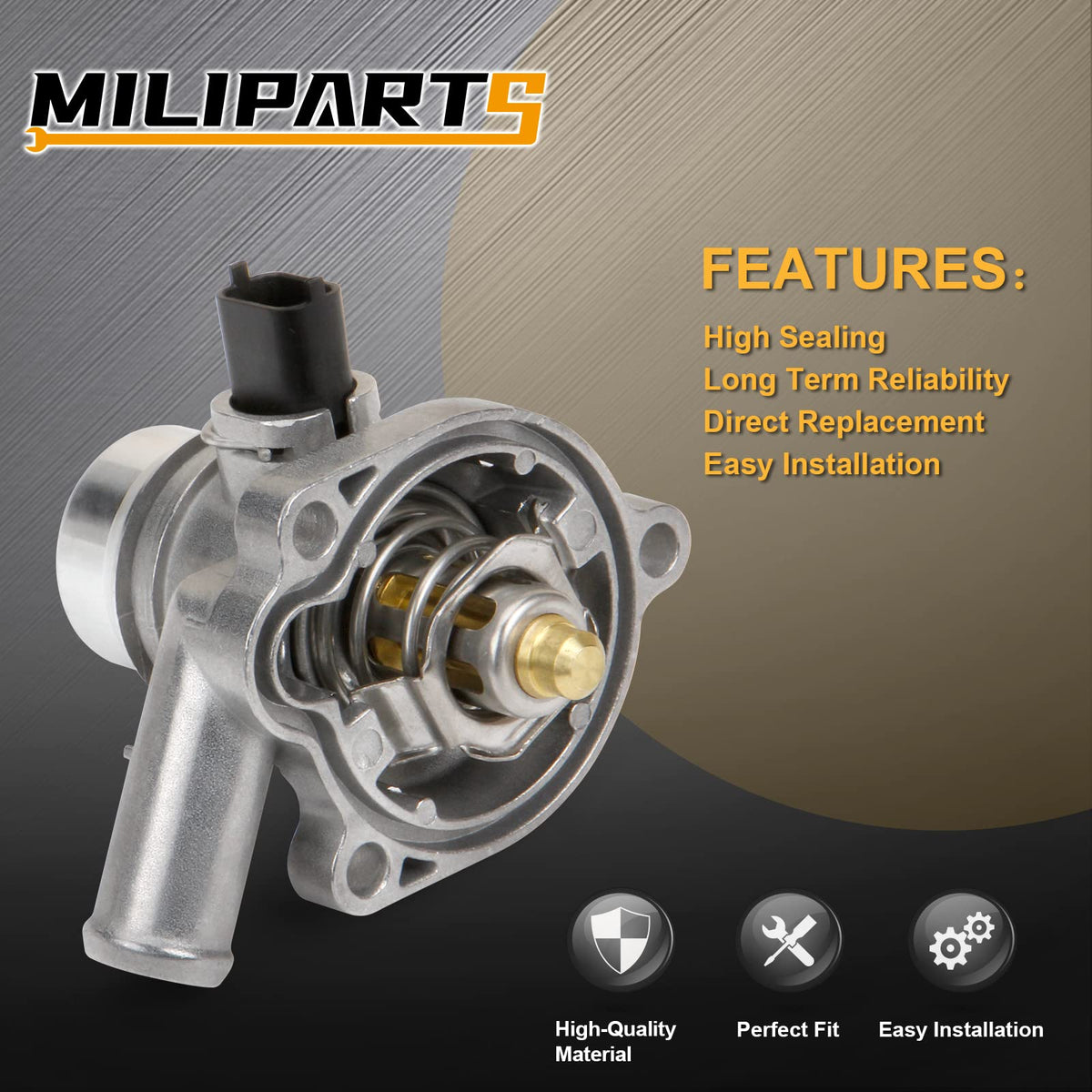 MILIPARTS thermostat housing installed in engine bay demonstrating direct-fit convenience