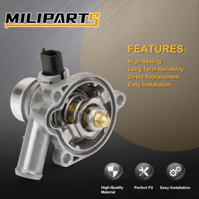 MILIPARTS thermostat housing installed in engine bay demonstrating direct-fit convenience