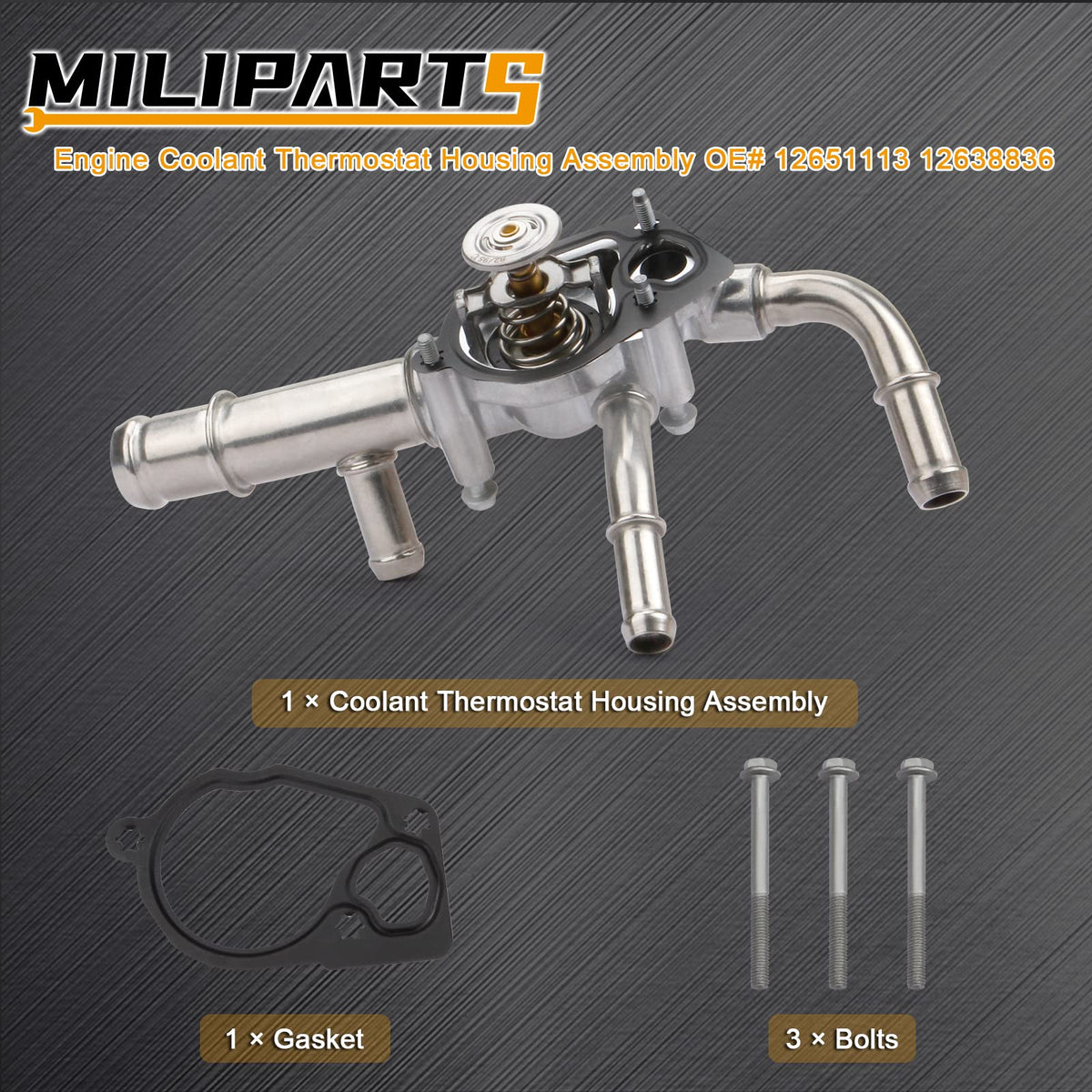 MILIPARTS installed thermostat housing in engine bay demonstrating direct-fit ease