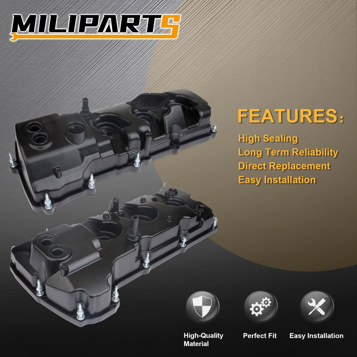 MILIPARTS valve covers installed in engine bay demonstrating direct-fit and cleaner look