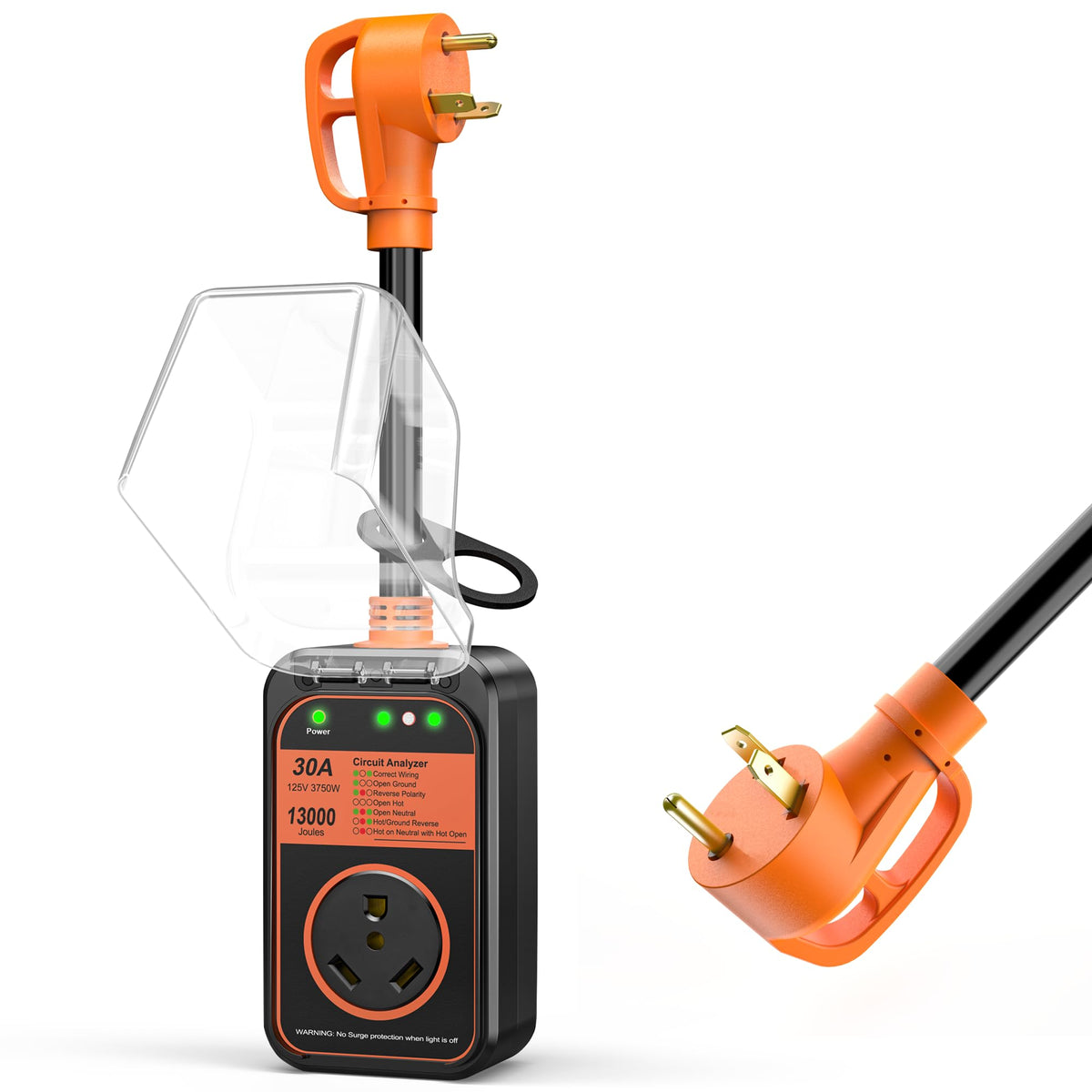 MILLIONHOME front view of 30A RV surge protector showing sturdy housing and plug benefit