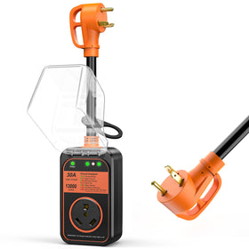 MILLIONHOME front view of 30A RV surge protector showing sturdy housing and plug benefit