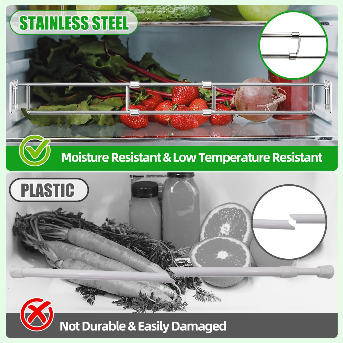 Millsten bars installed inside a camper refrigerator securing contents during travel