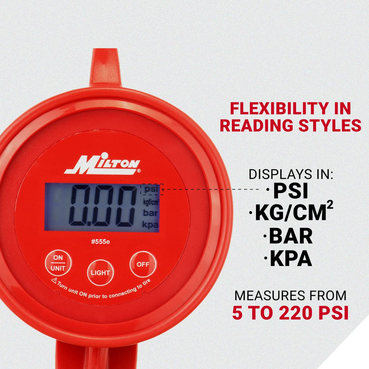Milton 555e label and units panel showing psi, bar, kPa, kg/cm² options