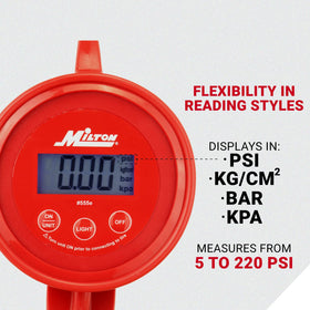 Milton 555e label and units panel showing psi, bar, kPa, kg/cm² options