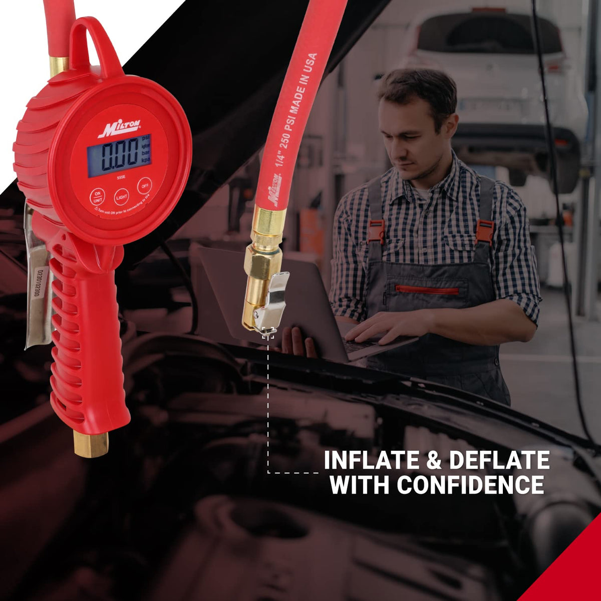 Milton 555e inflating a car tire, enabling accurate, fast pressure fill
