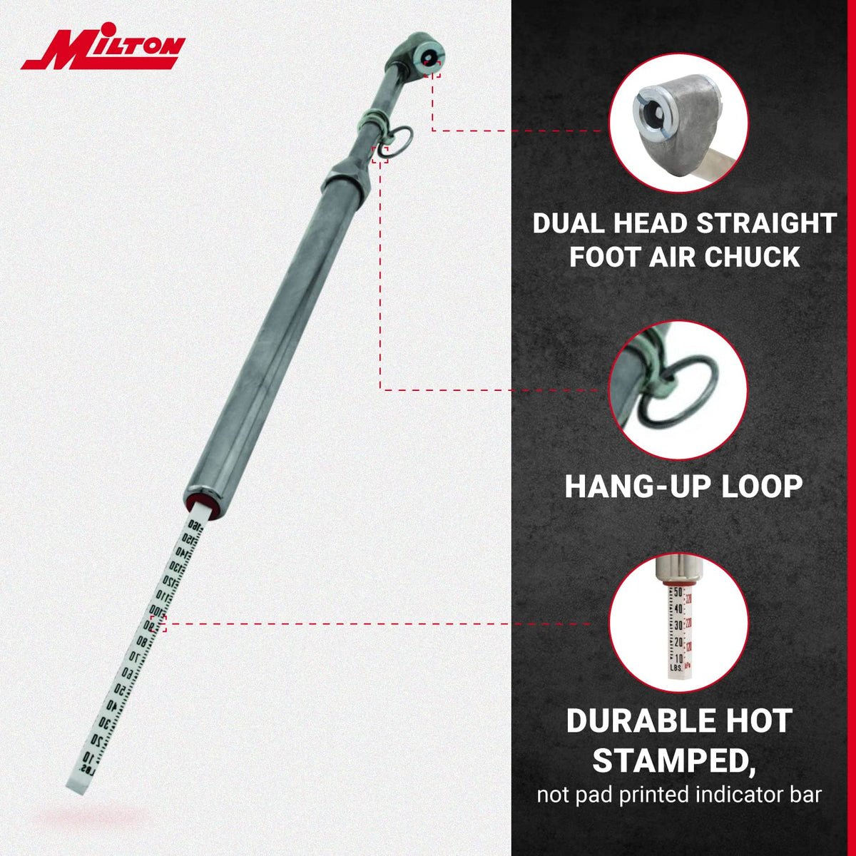 Milton dual-head gauge in use on a dually wheel for efficient checks