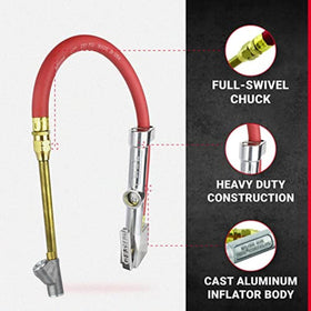 Milton lock-on threads engaging a Schrader valve for hands-free inflation and secure seal