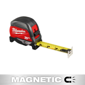 Milwaukee magnetic hook close-up holding to steel for secure measuring