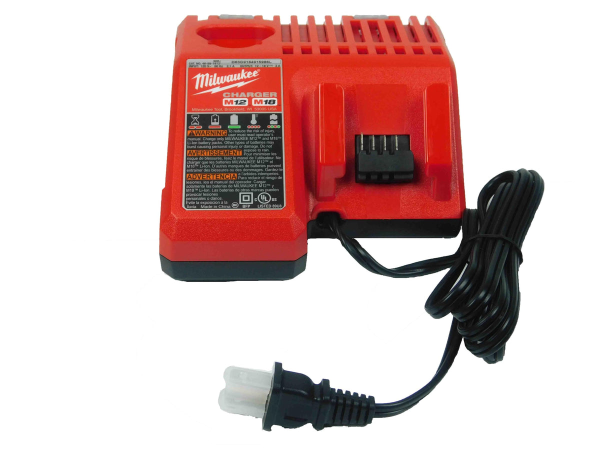 Milwaukee charger front view showing dual-slot design and LED indicators for fast workflow