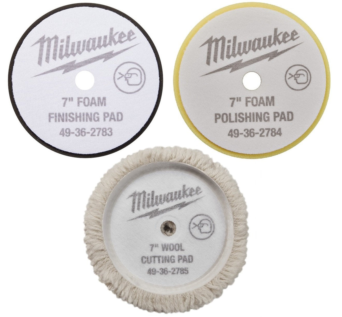 Milwaukee front packaging showing three 7" pads and kit benefits